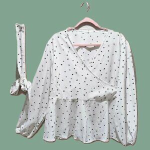 WHITE W TINY BLACK HEARTS SURPLUS LONG SLEEVE BELTED PEPLUM BLOUSE  2X